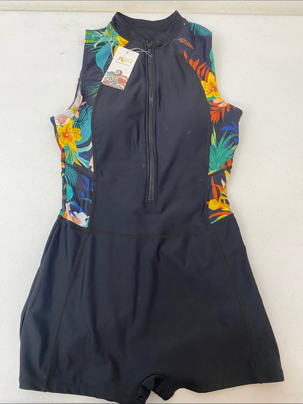 Front-Zip Black One-Piece Swim Suit with Tropical Floral Panels